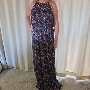 French Grey Floral Maxi Dress - Black and Pink